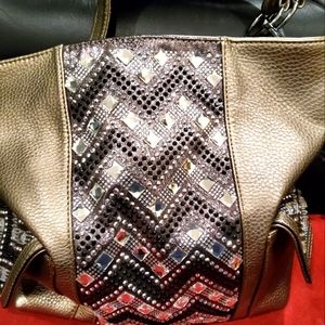 Faux crystal Rhinestone & faux leather handbag . Color mat metal grey